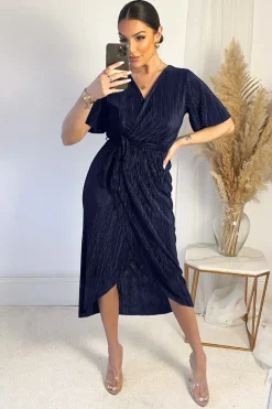 Navy Wrap Top Belted Short Sleeve Plisse Midi Dress
