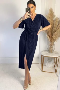 Navy Wrap Top Belted Short Sleeve Plisse Midi Dress