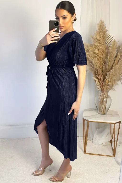 Navy Wrap Top Belted Short Sleeve Plisse Midi Dress