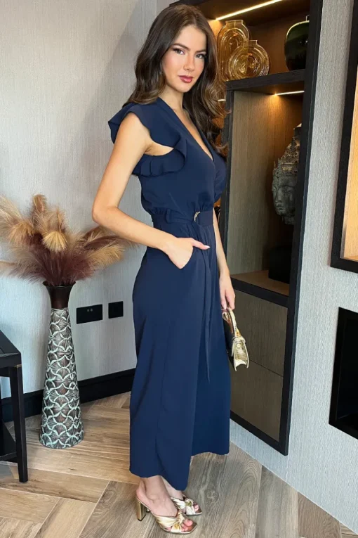 Navy Wrap Top Flutter Sleeve Belted Jumpsuit