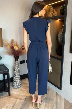 Navy Wrap Top Flutter Sleeve Belted Jumpsuit