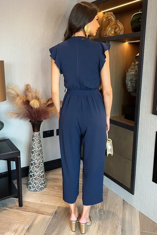 Navy Wrap Top Flutter Sleeve Belted Jumpsuit