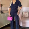 Navy Wrap Top Short Sleeve Plisse Jumpsuit