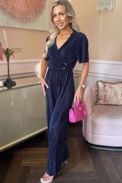Navy Wrap Top Short Sleeve Plisse Jumpsuit
