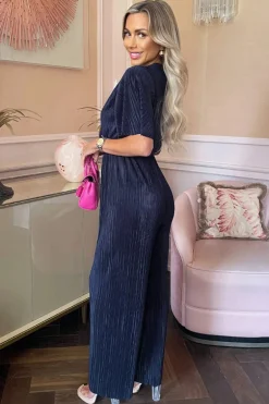 Navy Wrap Top Short Sleeve Plisse Jumpsuit
