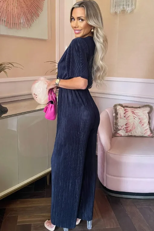 Navy Wrap Top Short Sleeve Plisse Jumpsuit