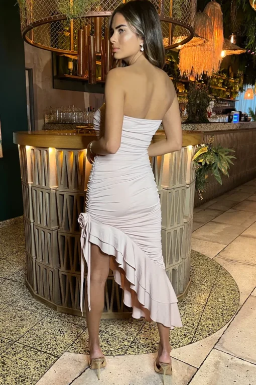 Nude Bandeau Ruched Asymmetrical Frill Midi Dress With Flower Detail