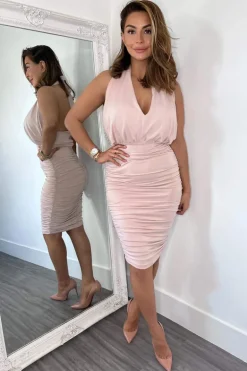 Nude Halter Tie Neck Ruched Midi Bodycon Dress