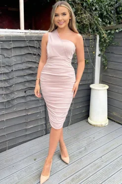 Nude One Shoulder Ruched Bodycon Midi Dress