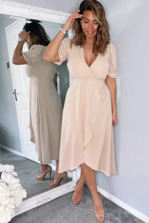Nude Wrap Side Tie Midi Dress