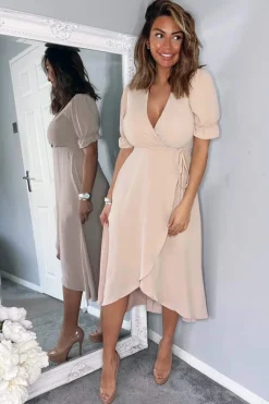 Nude Wrap Side Tie Midi Dress