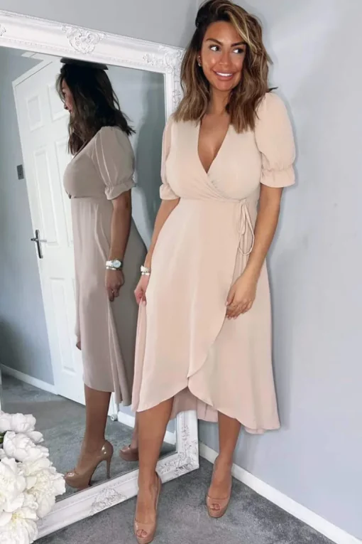 Nude Wrap Side Tie Midi Dress