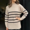 Oatmeal and Black Striped Button Detail Shoulder Knit Jumper