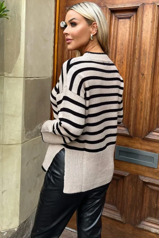 Oatmeal And Black Striped Block Hem Jumper