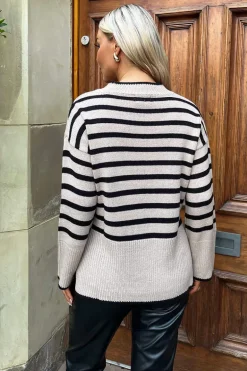 Oatmeal And Black Striped Block Hem Jumper