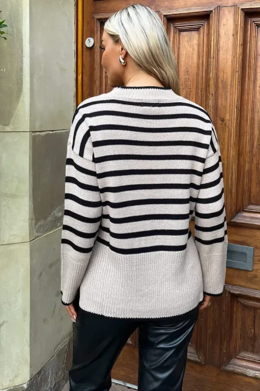 Oatmeal And Black Striped Block Hem Jumper
