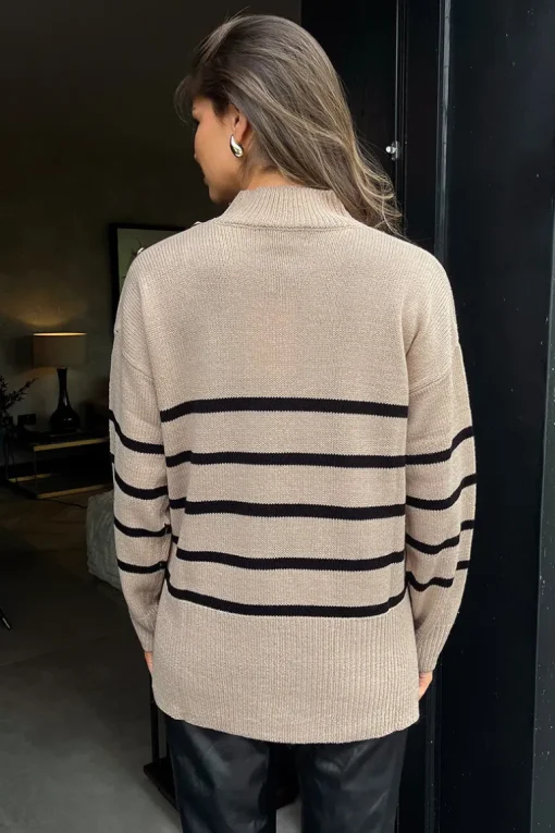 Oatmeal and Black Striped Button Detail Shoulder Knit Jumper