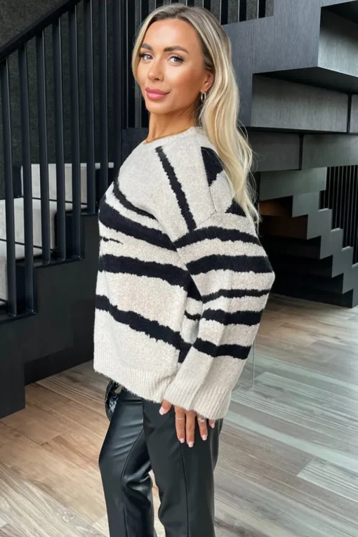 Oatmeal And Black Tiger Striped Knit Jumper