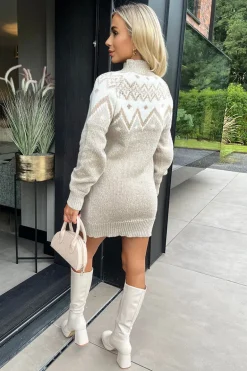 Oatmeal Fairisle Mock Neck Knitted Dress