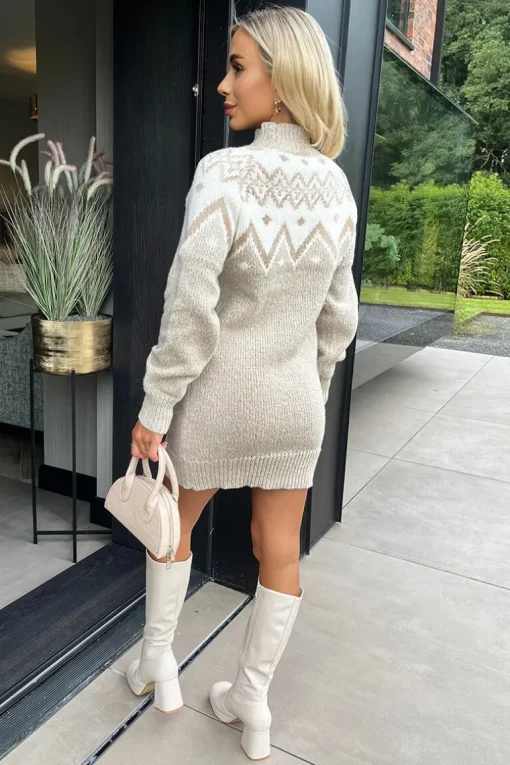 Oatmeal Fairisle Mock Neck Knitted Dress