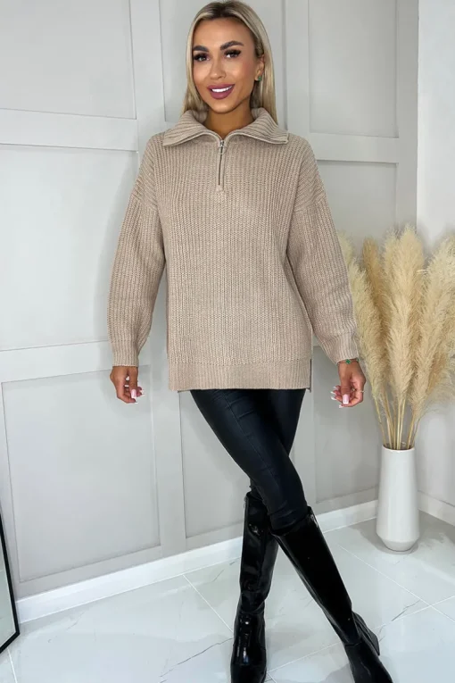Oatmeal Half Zip Knitted Jumper