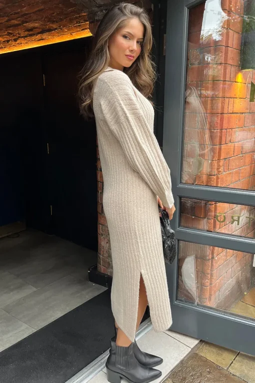 Oatmeal Knit Long Sleeve Collared Midi Dress