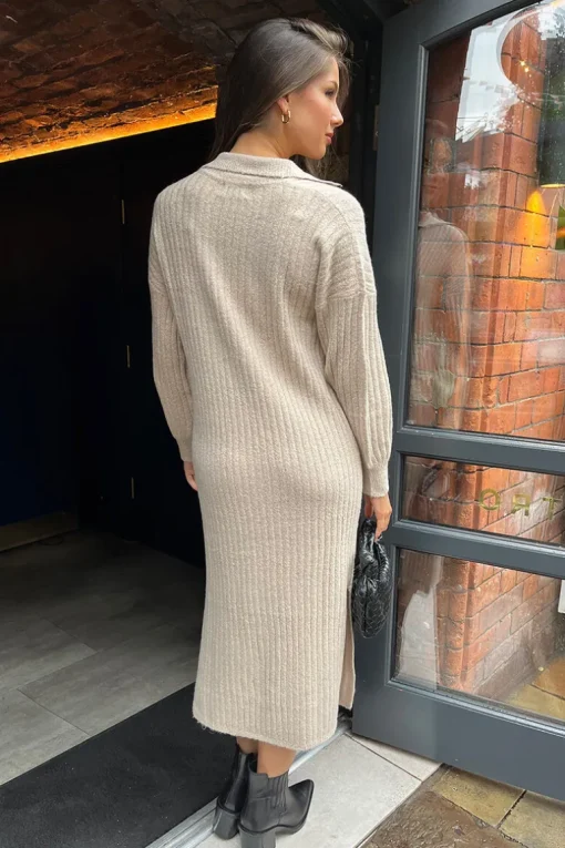 Oatmeal Knit Long Sleeve Collared Midi Dress