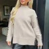 Oatmeal Mock Neck Blanket Stitch Detail Knit Jumper