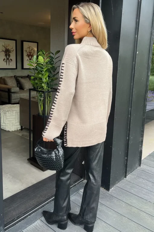 Oatmeal Mock Neck Blanket Stitch Detail Knit Jumper