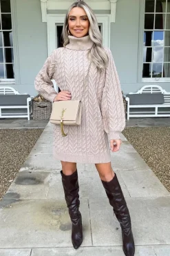 Oatmeal Roll Neck Cable Knit Dress