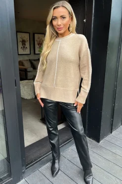 Oatmeal Round Neck Contrast Piping Detail Jumper