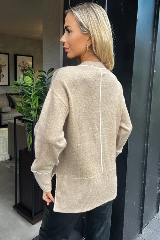 Oatmeal Round Neck Contrast Piping Detail Jumper