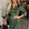 Olive 3/4 Sleeved Gathered Waist Detail Satin Mini Dress