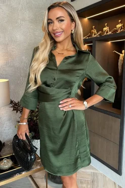 Olive 3/4 Sleeved Gathered Waist Detail Satin Mini Dress