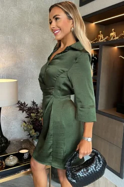 Olive 3/4 Sleeved Gathered Waist Detail Satin Mini Dress