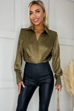 Olive And Gold Wrap Shirt Bodysuit