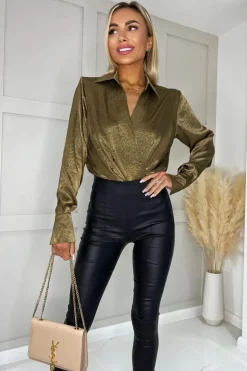 Olive And Gold Wrap Shirt Bodysuit