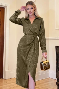 Olive And Gold Wrap Shirt Midi Dress