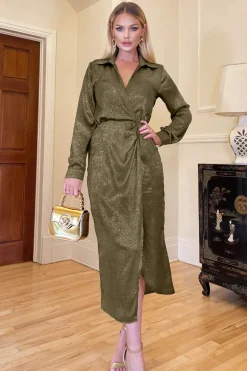Olive And Gold Wrap Shirt Midi Dress