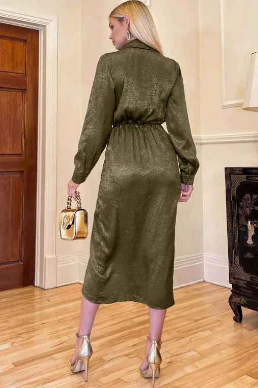 Olive And Gold Wrap Shirt Midi Dress