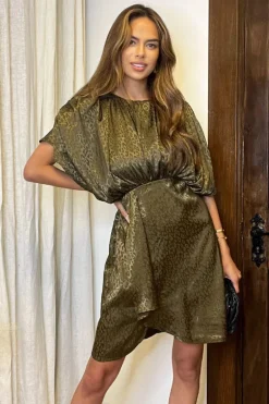 Olive Animal Print Batwing Gathered Top Mini Dress