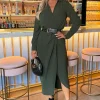 Olive Belted Wrap Midi Shirt Dress
