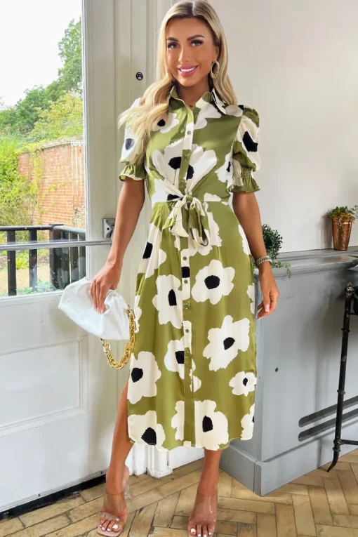 Olive Bold Floral Print Midi Shirt Dress
