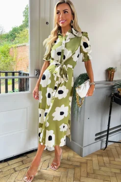 Olive Bold Floral Print Midi Shirt Dress