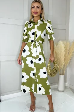 Olive Bold Floral Print Midi Shirt Dress