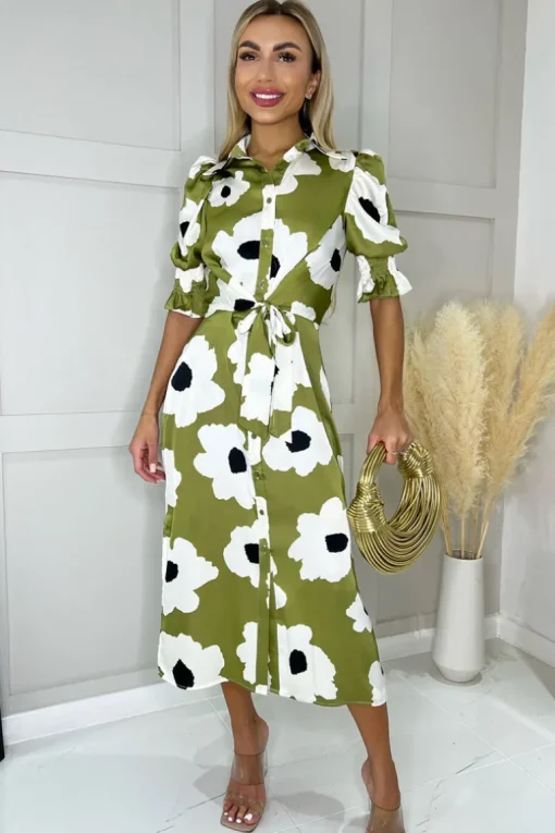 Olive Bold Floral Print Midi Shirt Dress