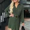 Olive Button Front Belted Shirt Mini Dress
