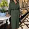 Olive Button Front Belted Shirt Midi Dress