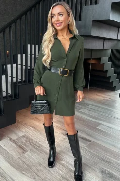 Olive Button Front Belted Shirt Mini Dress