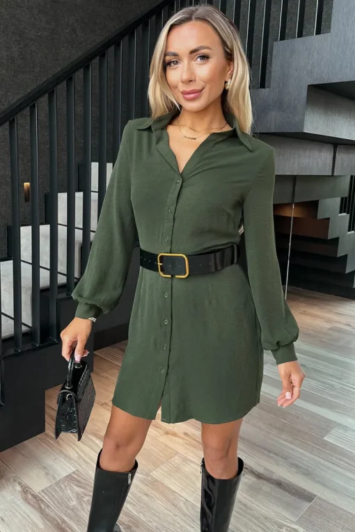 Olive Button Front Belted Shirt Mini Dress